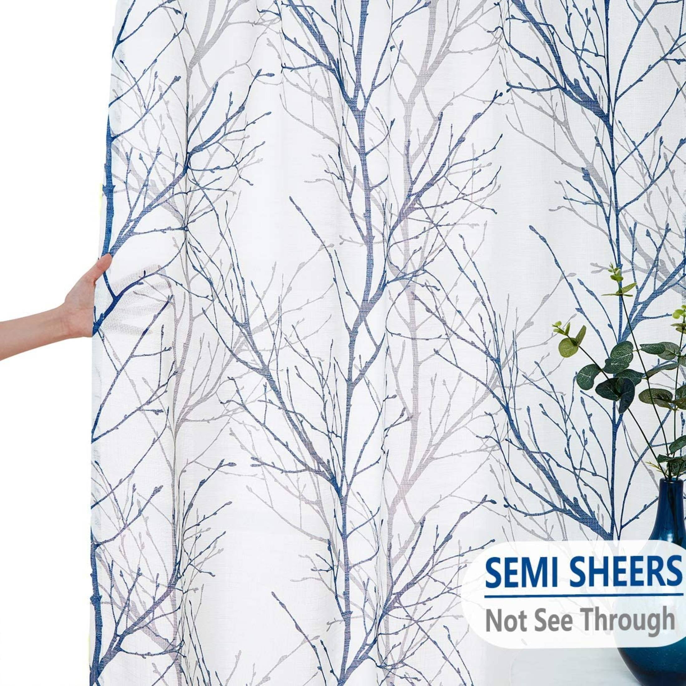 Decoultimatex White Semi Sheer Curtains for Living Room With Blue Grey Branches Printing on Linen Textured White Window Treatment Panels for Bedroom Drapes, 50"x96"x2