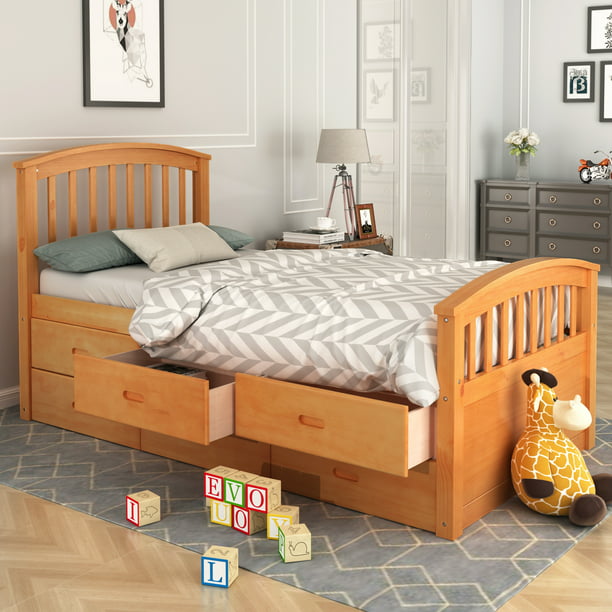 Twin Bed Frame with Storage Drawers, Platform Bed Frame with Wood Slat
