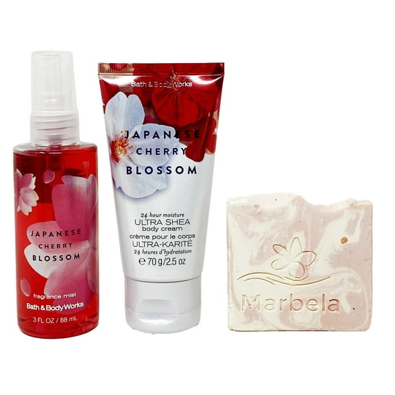 Bath & Body Works Japanese Cherry Blossom - Duo Set Travel Size - Fine Fragrance Mist and Body Cream With a Himalayan Salts Springs Sample Soap.