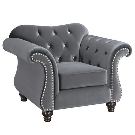 FOA Basonne Glam Accent Armchair in Gray Faux Velvet Fabric