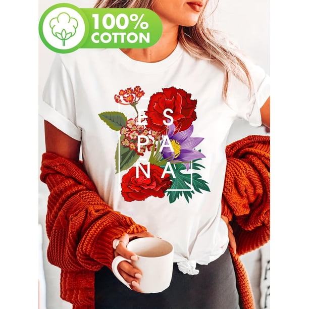 Women's Espa?a Print T-Shirt, 100% Cotton, Casual Round Neck, Short Sleeve, Floral Graphic Tee, Summer & Spring Fashion Top, Regular Fit, All Seasons