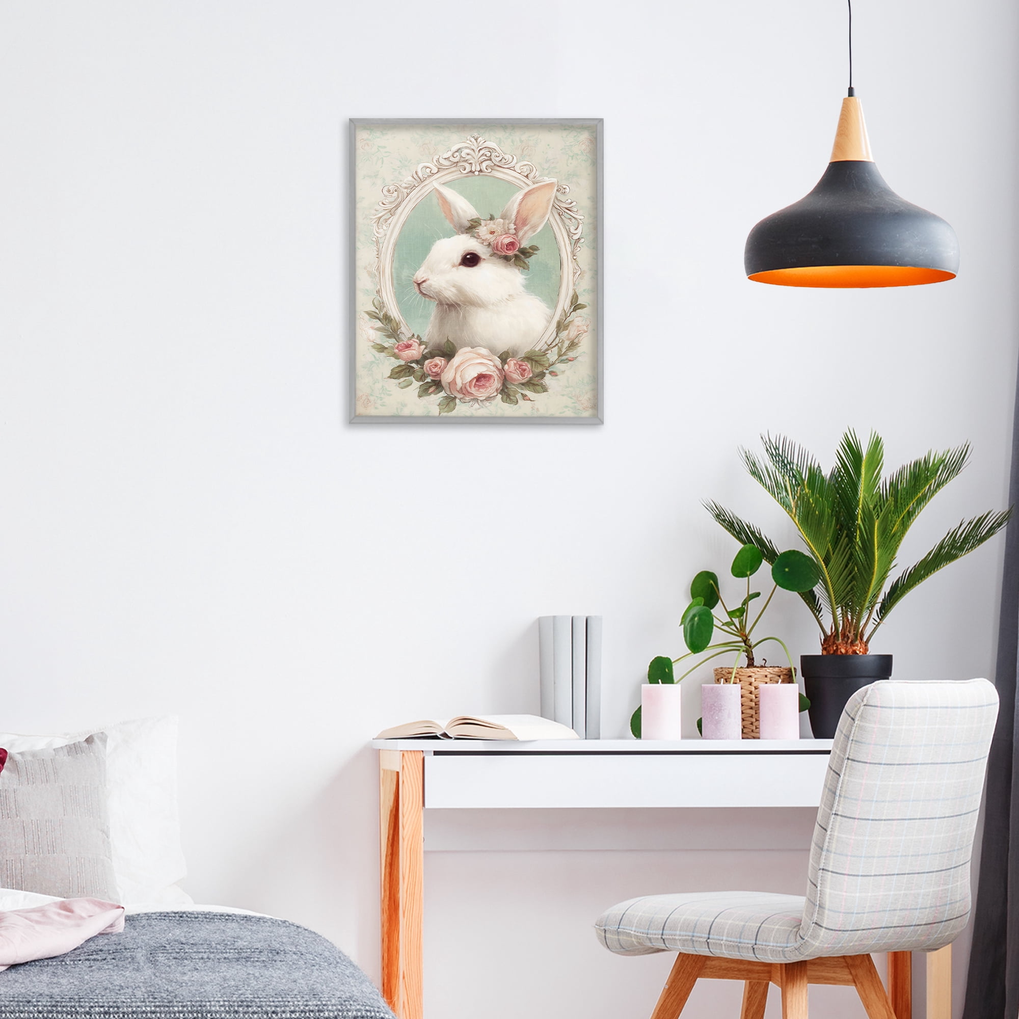 Stupell Industries Flower Fringed Bunny Portrait Gray Framed Giclee Art, design by Ink Drop Loft