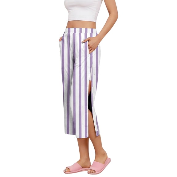 Iaqnaocc Tearaway Scrub Pants for Women Post Surgery Recovery Adaptive Clothing for Women Striped Capri Pants Side Snap Open Bottom Loose Fit Pants with Pockets Purple S