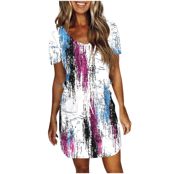 Women Summer Dresses Floral Print A-Line Boho Sundress Short Sleeve V-Neck Beach Vacation Mini Dress with Pocket