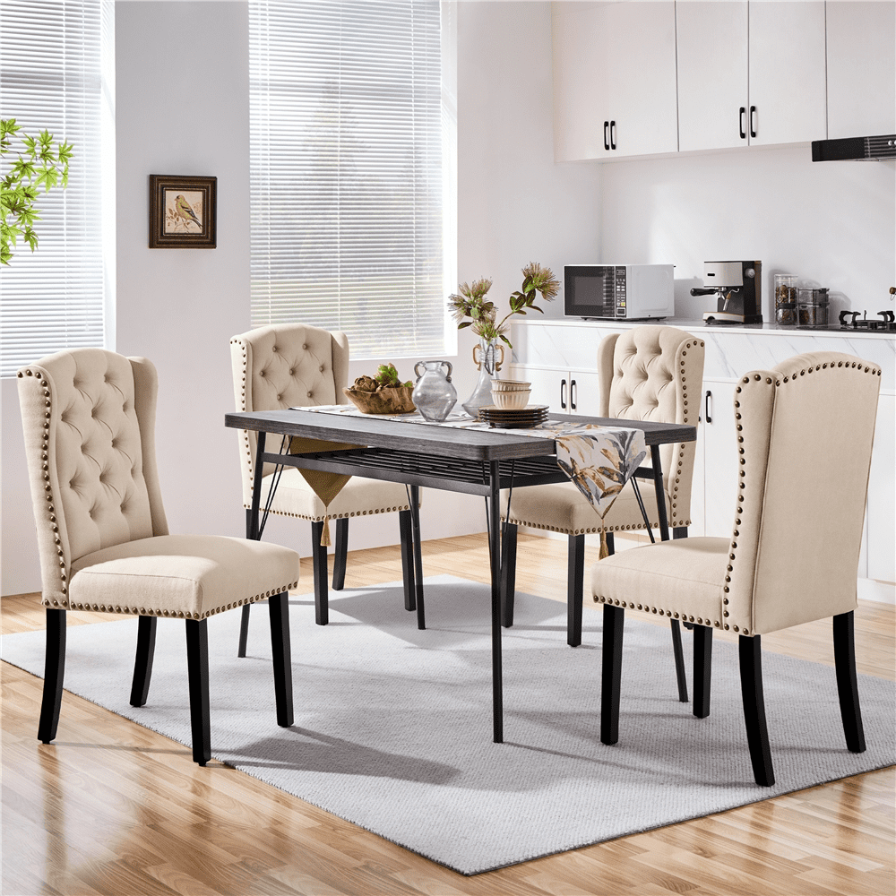 Alden Design 2pcs Upholstered Tufted Dining Chairs with Wing Design for Kitchen, Beige