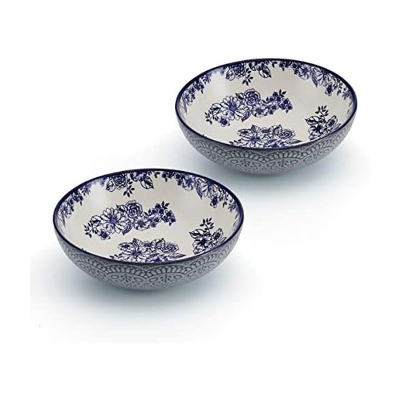Pfaltzgraff Gabriela Blue Floral Juego De 2 Cuencos Para Pasta De 8 Pulgadas, Azul Y Blanco