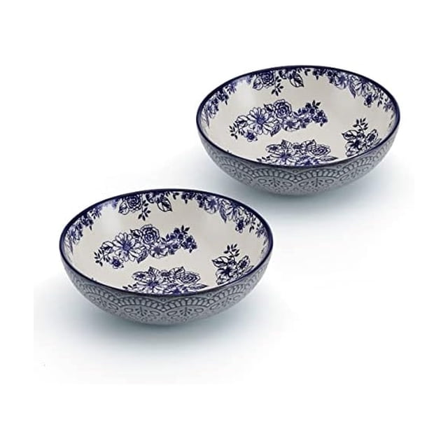 Pfaltzgraff Gabriela Blue Floral Juego De 2 Cuencos Para Pasta De 8 Pulgadas, Azul Y Blanco