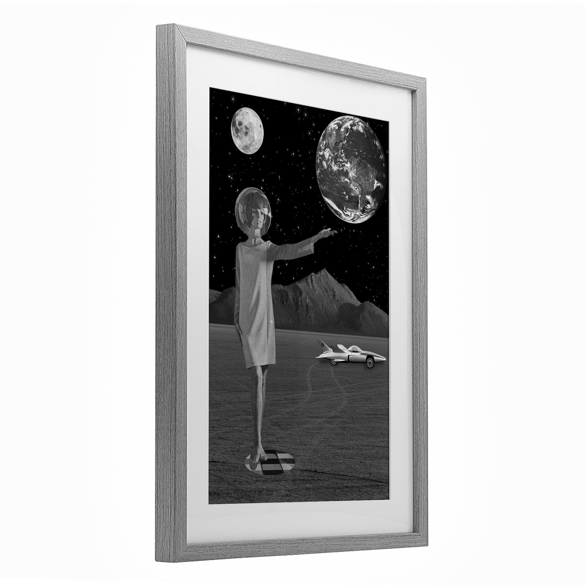 On A Mission Retro Space Gray Framed Print Under Glass, design by Elo Marc