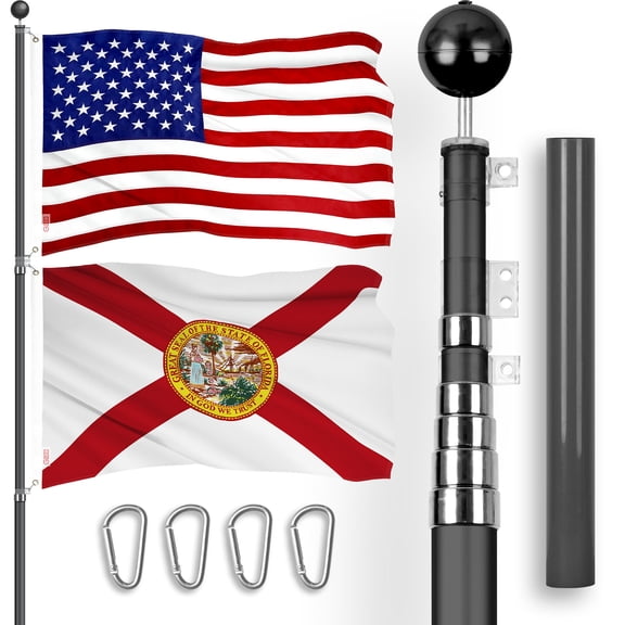 G128 Combo Pack: 25 Ft Telescoping Aluminum Flagpole (Black) & American and Florida Flags 3x5 Ft, Both ToughWeave Series Embroidered Polyester | Pole with Flags Included
