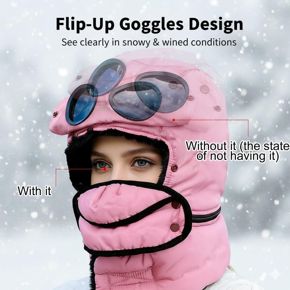 Winter Thermal Hat with Glasses, Winter Pilot Hat Trapper Hats, Beanie with Goggles, Cycling Windproof Ski Mask Cap