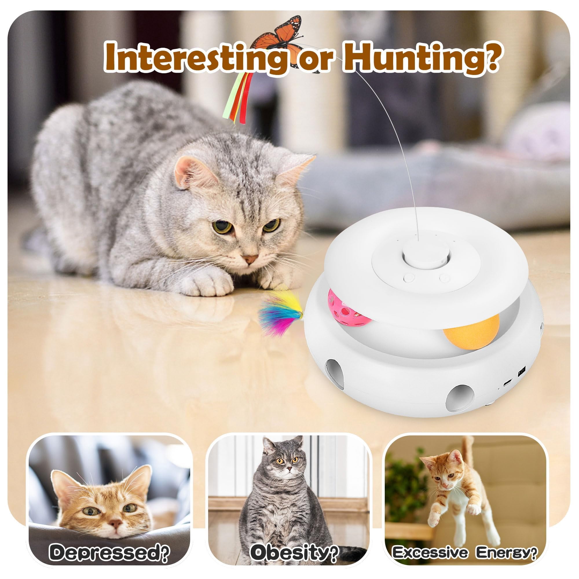 Cat Toys  3-in-1 Interactive For Indoor Cats Rechargeable Automatic Kitten With Fluttering Butterfly Moving Smart Sensor 6 Holes Whack-a-mole & Track Balls (white)