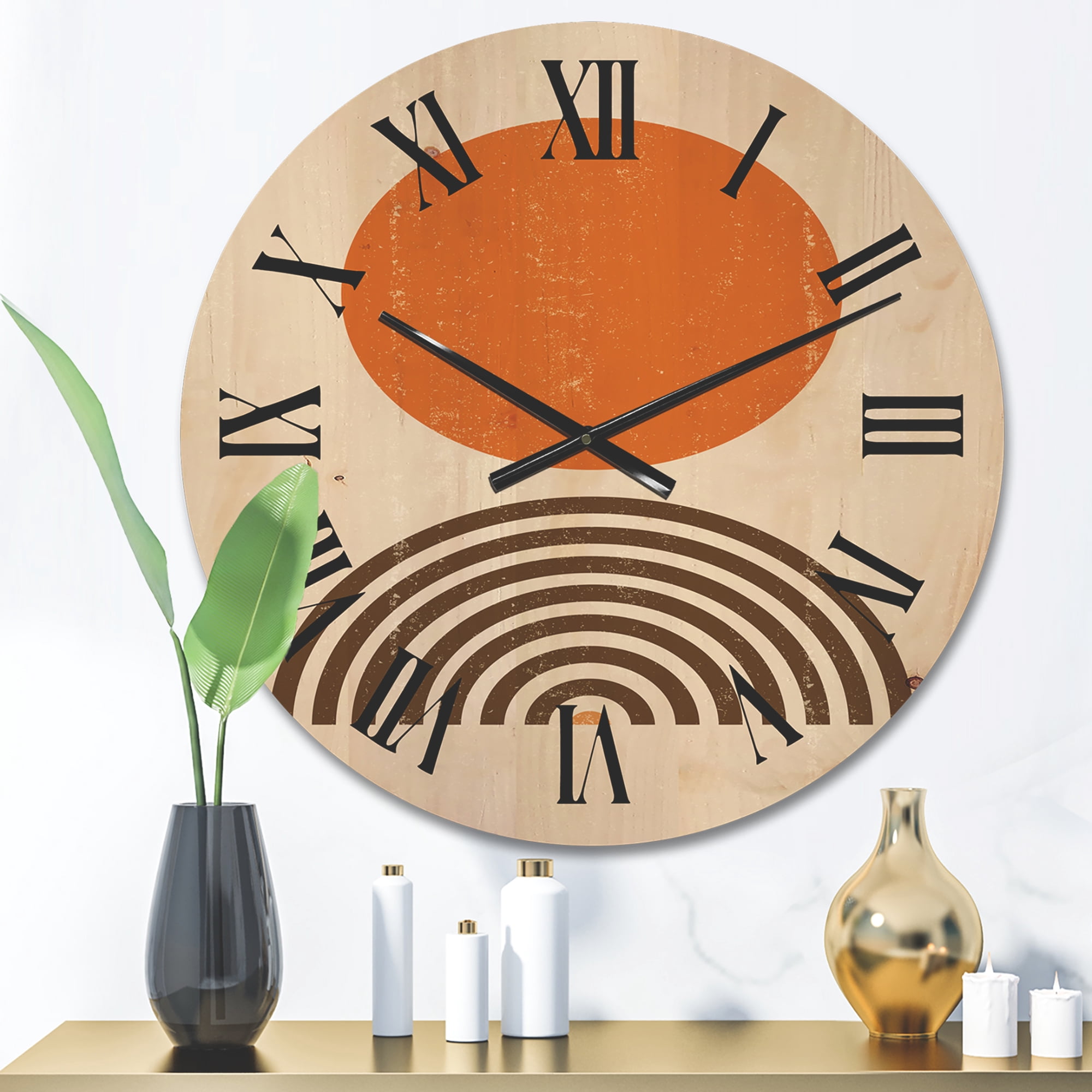 Designart 'Abstract Minimal Rainbow and Orange Sun I' Modern Wood Wall Clock