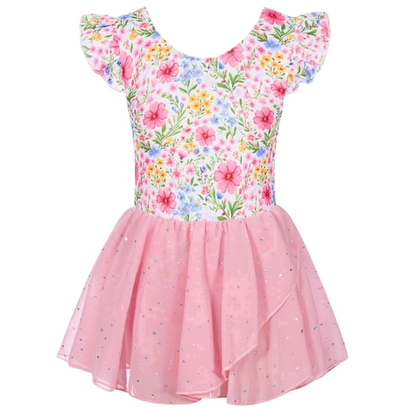 Lanbubble Girls Ballet Leotards Ruffle Sleeve Toddler Ballerina Dance Dress with Shiny Tutu Skirt 3-7 Years