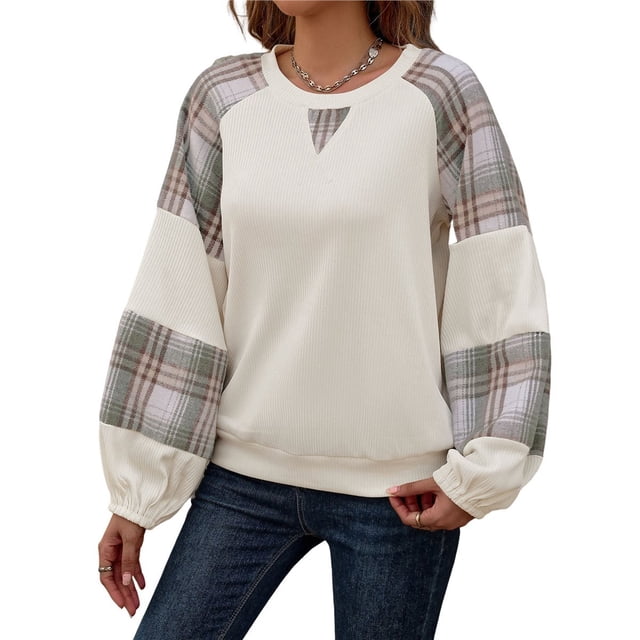 Sudadera con Cuello Redondo y Mangas Raglán A Cuadros para Mujer, Estilo Informal, para Otoño Color Albaricoque L