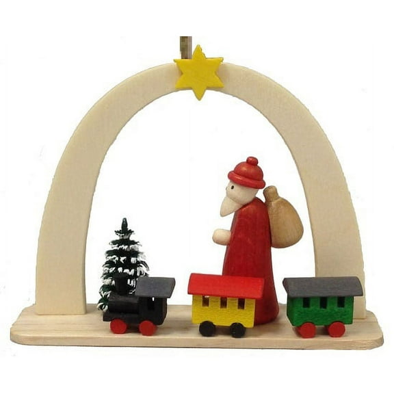Santa with Toy Train German Wood Christmas Arch Ornament Handcrafted in Germany