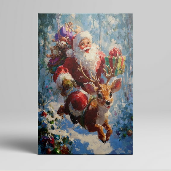 1pc Festive Santa Claus Riding a Reindeer with Gifts Canvas Painting, framed Decor room hanging Wall Picture Decor for Home Gifts, living room, bathroom, bedroom, kitchen wall art decor canvas wall