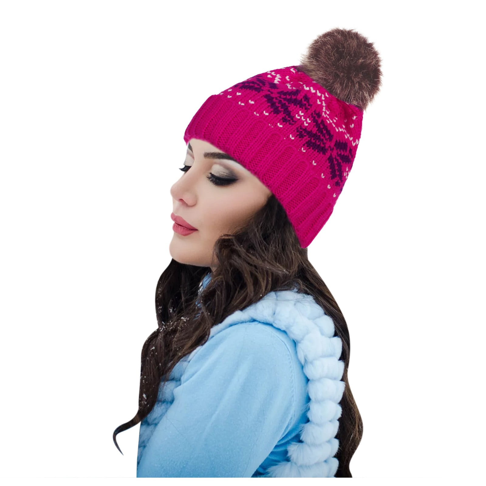 Winter Pom Pom Hat For Women Fur Snowflake Knitted Ski Cap Warm Beanie Wool Xmas 