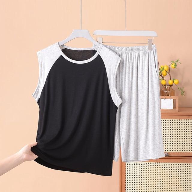 RKSTN Ensemble de Pyjama pour Homme Été Détente à Blocs de Couleur Col Rond Sans Manches et Short Ensembles de Pjs Confortable 2 Pcs Tenue d'Intérieur Confortable