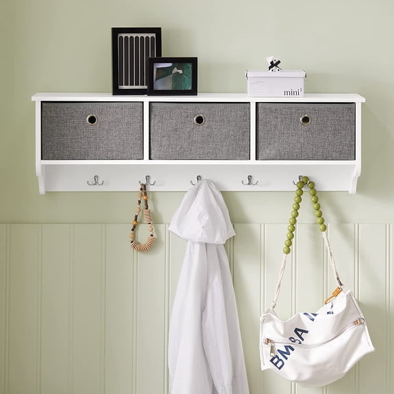 Wall Mounted Storage Unit with 3 Baskets and 5 Hooks, White MDF Coat Rack Shelf Cabinet
