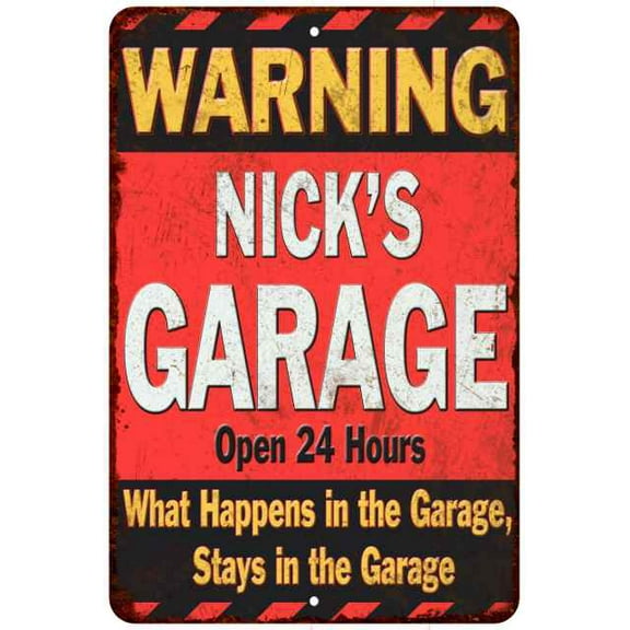 NICK'S Garage Warning Man Cave Wall Decor 12 x 18 Matte Finish Metal 112180030311
