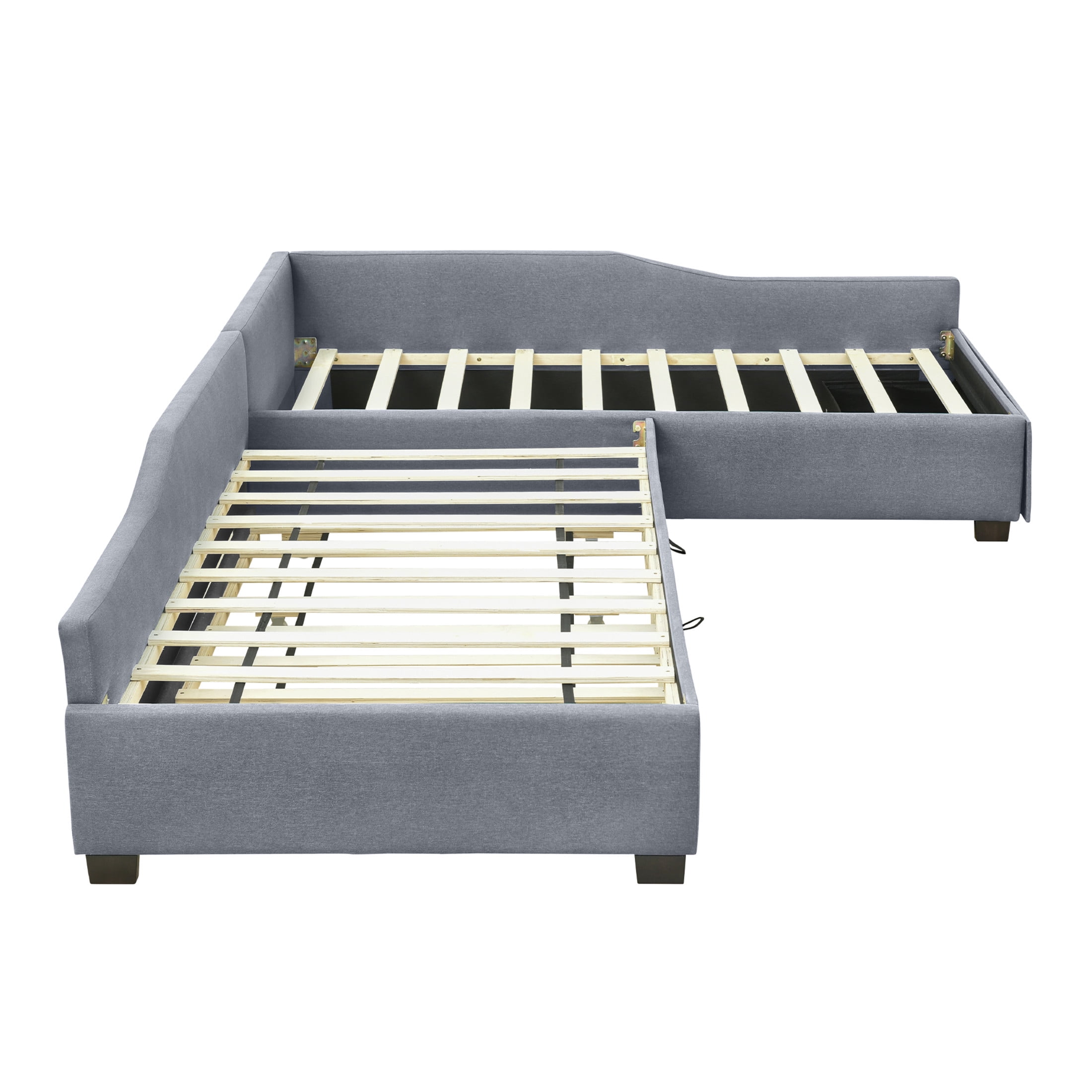 Noble House Orielle Linen Upholstered Double Twin Daybed with Extra Trundle and Storage Drawer, Plywood Frame, Gray