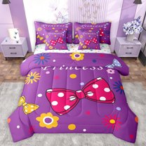 jejeloiu Kawaii Dots Bowtie 7 Pieces Bedding Comforter Set,Cartoon Flower Full Bedding Set,Pink Purple Orange Fitted Sheet Flat Sheet For Girl Kids,Luxury Bedroom Decor Reversible
