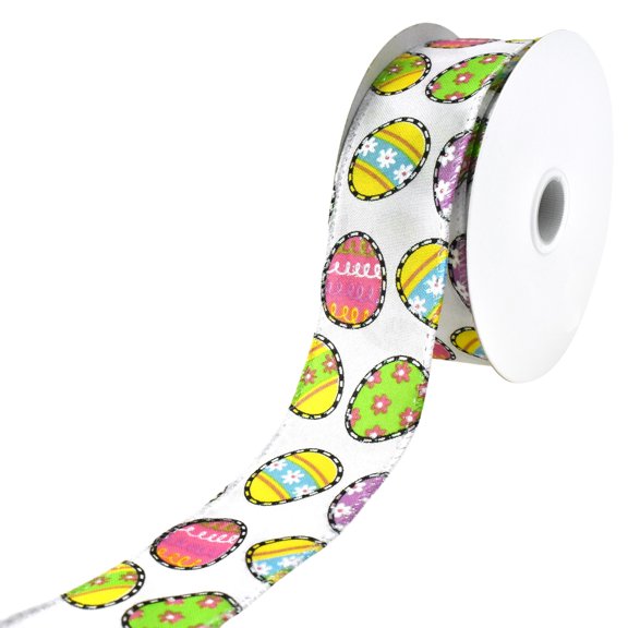 Printed Dash Outline Easter Eggs Wired Ribbon, 1-1/2-inch, 10-yard, White