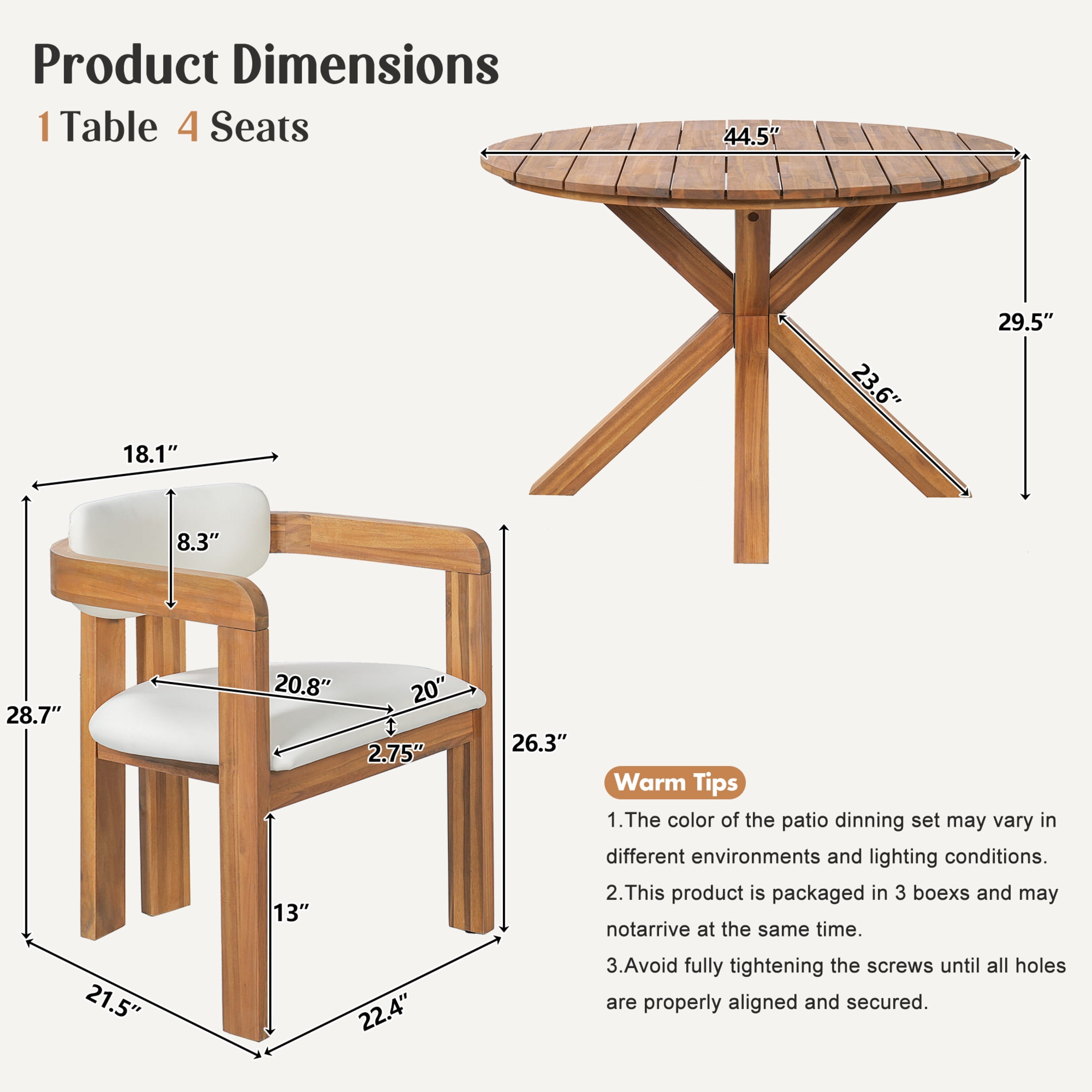 Christopher Knight Home 5-Piece Modern Outdoor Dining Set, Round Table and Barrel Chairs, Natural+Beige