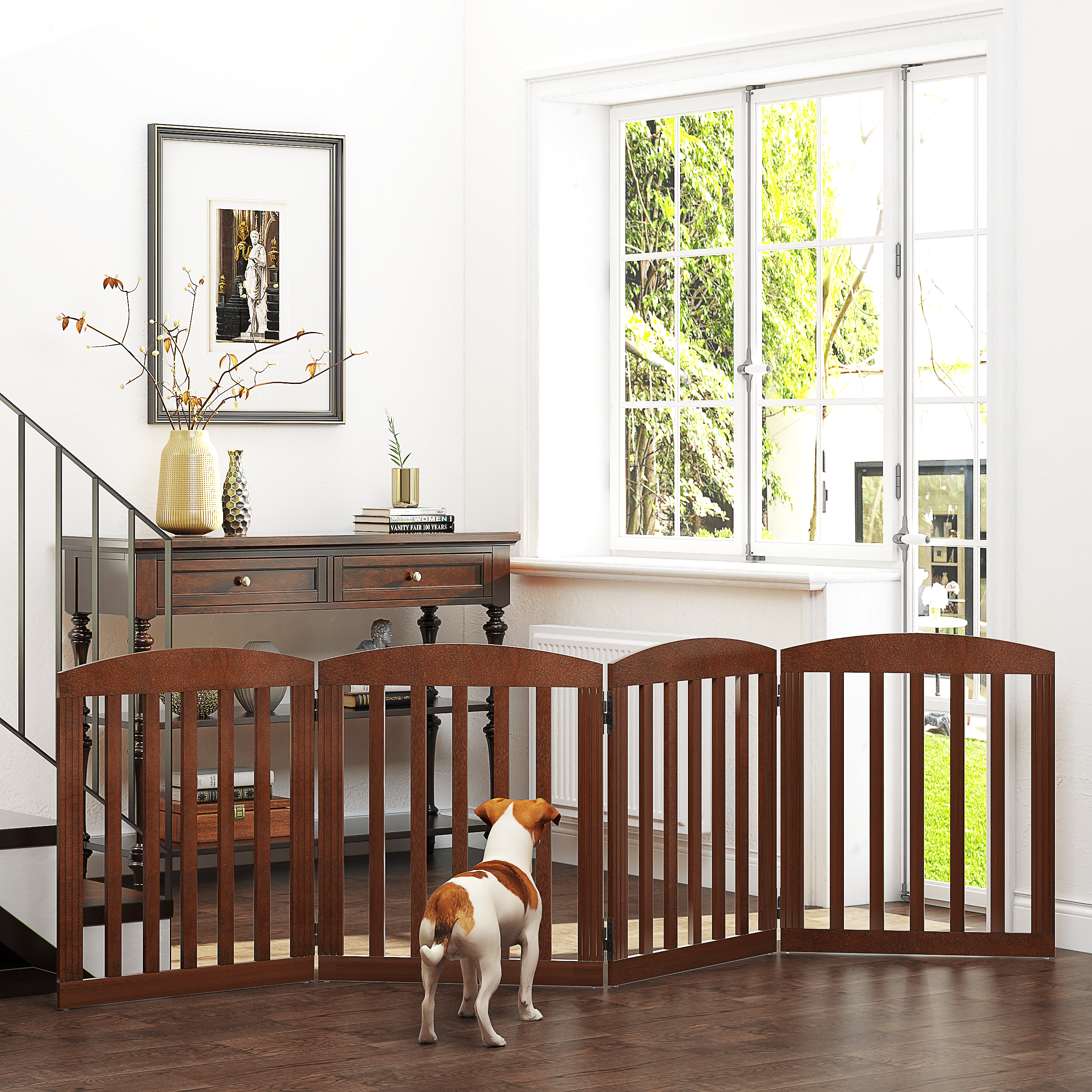 STAROUS 96" Extra Wide 28" Tall Foldable Dog Gates, Wooden Freestanding Pet Gate Indoor, Step Over Puppy Fence, 4 Panels, Brown