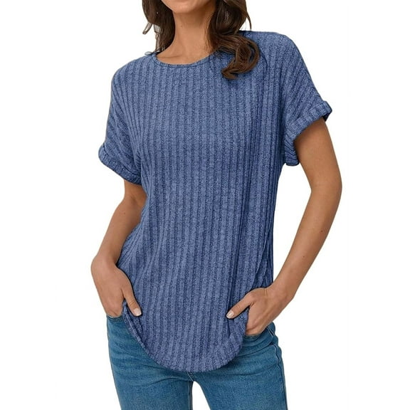 Women Short Sleeve Tunic Tops Blue L