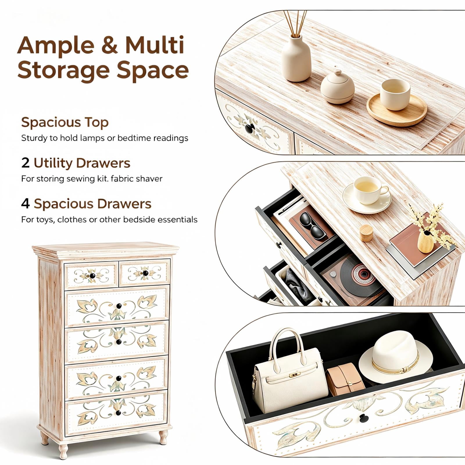 6-Drawer Carved Dresser, MDF and Solid Wood Leg, Tall Narrow Chest for Bedroom, White