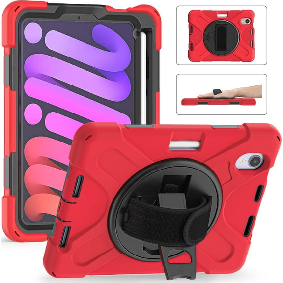 ZenRich Shockproof Case for iPad mini 7 (A17 Pro) 2024/ iPad mini 6th 2022, Heavy Duty Rugged Case with Pencil Holder/360°Rotating Kickstand/Handle/Carrying Shoulder Belt,Red