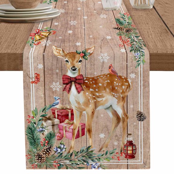 nqOlkjepod Christmas Elk Table Runner 36 Inches Long Farmhouse Dress Scarves, Xmas Pine Cones Gifts Snowflake Vintage Dining Tablerunner for Coffee Table/Kitchen Island/Party Décor, Small 13" x 36"