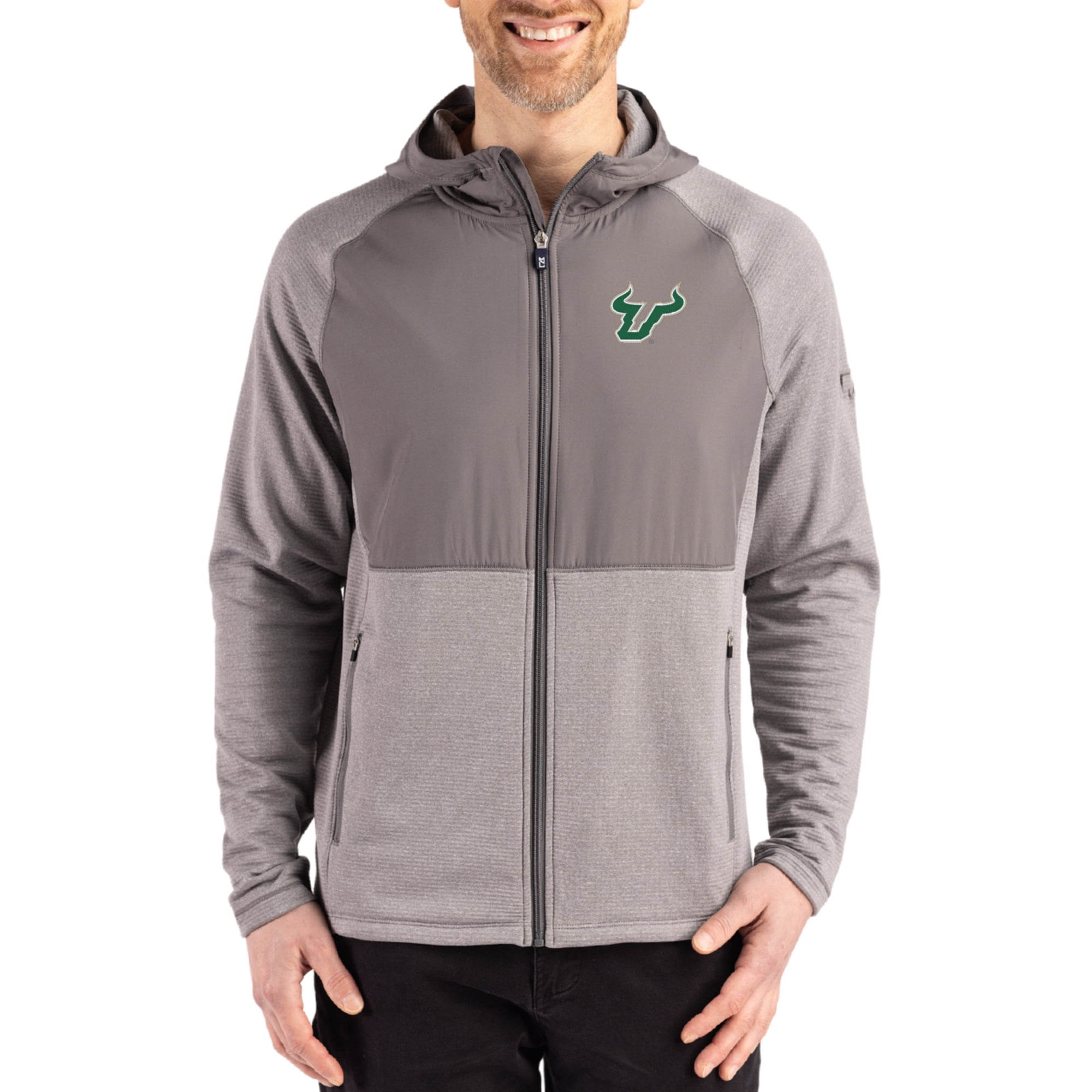 Men's Cutter & Buck Heather Gray South Florida Bulls Peshastin Eco Fleece Recycled Raglan Full-Zip Tri-Blend Hybrid