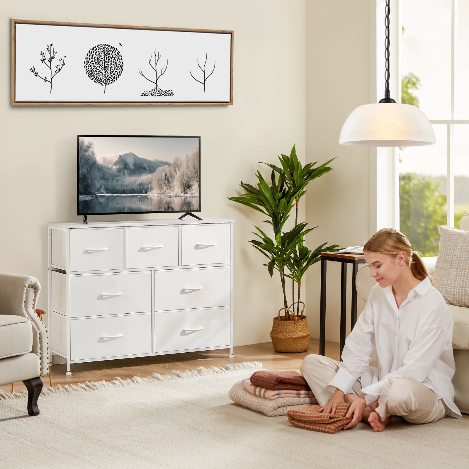 MCQ 7-Drawer Fabric Dresser with Metal Frame & Wood Top – Storage Organizer for Bedroom, Closet, Entryway, White
