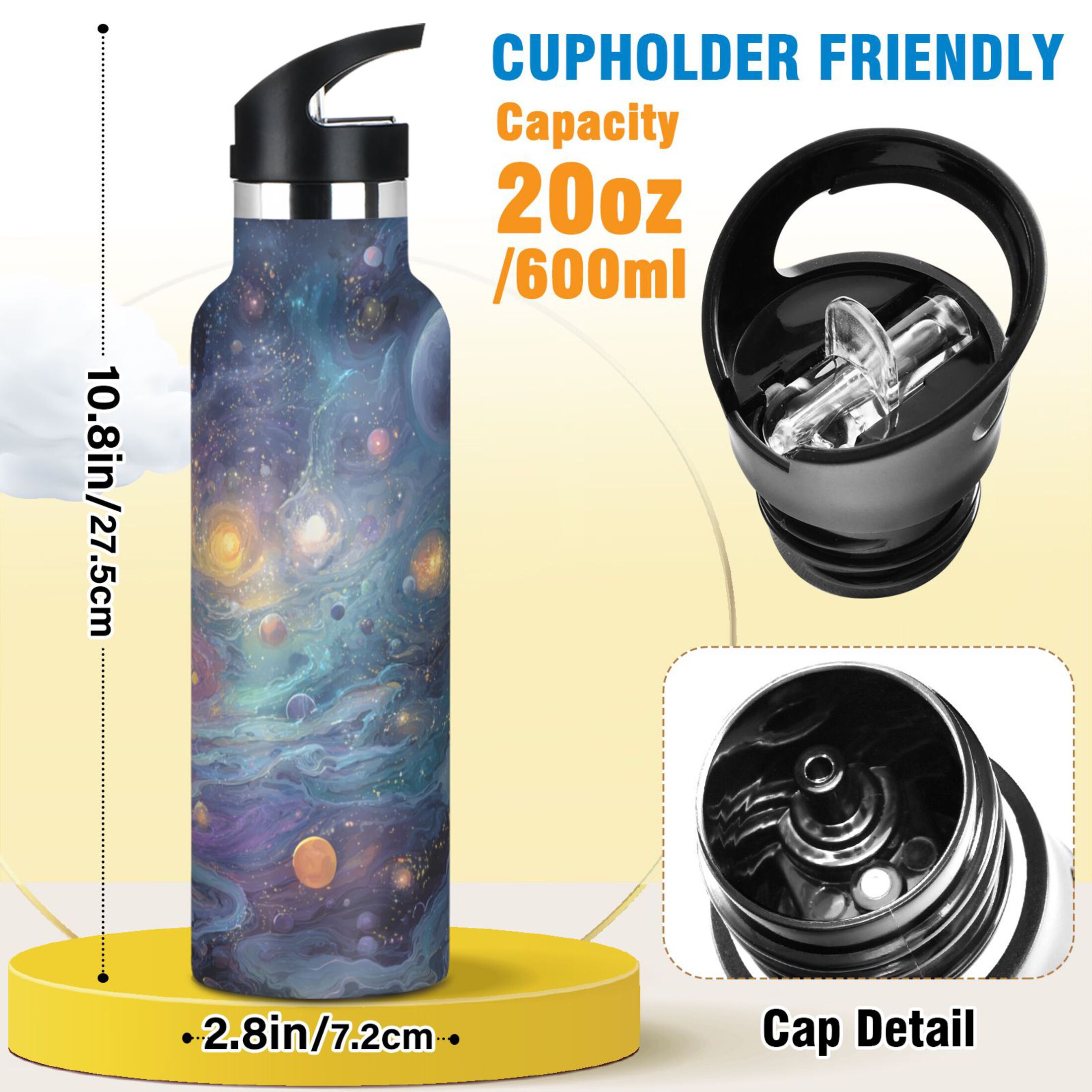 Kids Insulated Stainless Steel Sports Water Bottle 600ml (20oz) Vibrant and Colorful Universe