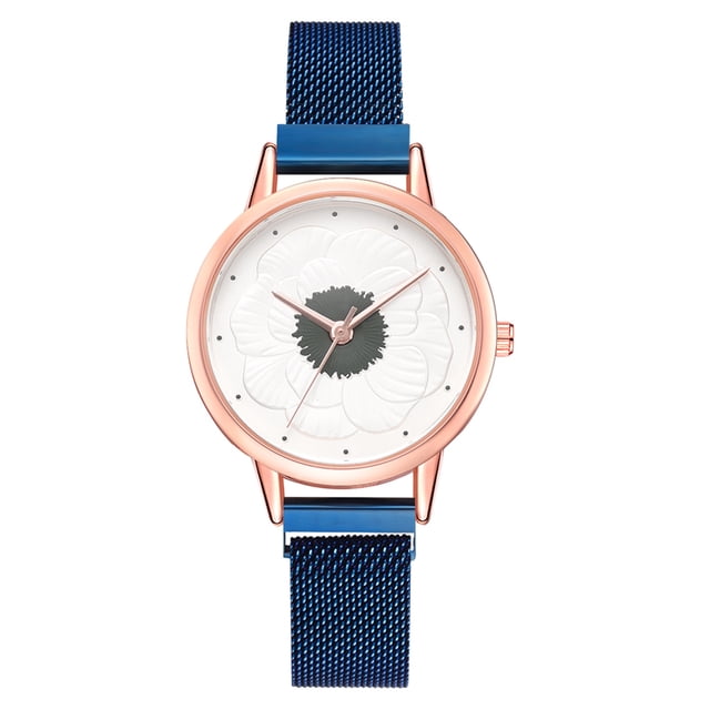 Reloj de pulsera de cuarzo con esfera redonda y cinturón de malla de aleación informal de moda simple para mujer (azul)