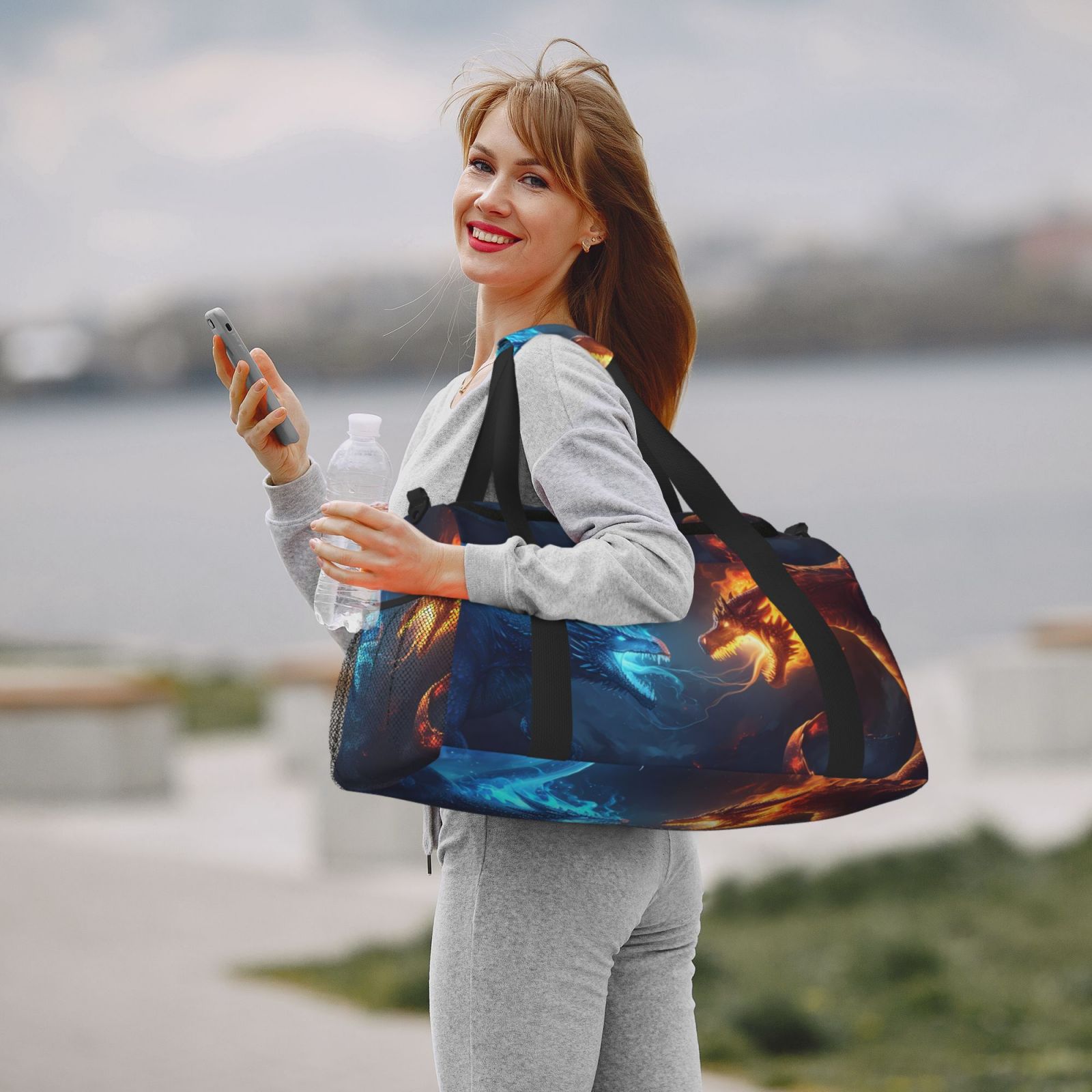 Fuzoiu Red And Blue Fire Dragon C Print Travel Duffle Bag,Carry On Tote Bags,Duffel Bag,Sport Gym Bag, Hospital Bag for Labor and Delivery, Overnight Bag,Luggage Bag