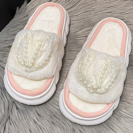 

CoCopeaunt 2022 Fashion Bowknot Design Platform Height 4cm Fluffy Fur Slippers Women Winter Warm Closed Plush Home Slippers Women Shoes