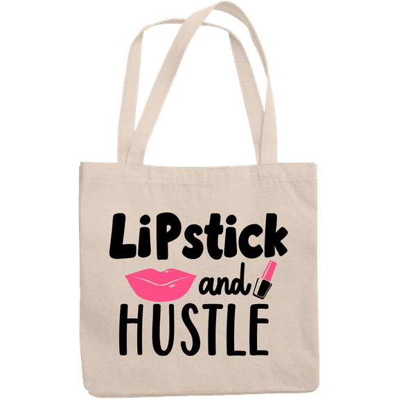 12oz Canvas Tote Bag - Lipstick and Hustle with Pink Lips Design - Beauty Themed Merch for Makeup Artist or Cosmetologist, Gift for Makeup Lovers & Beauticians
