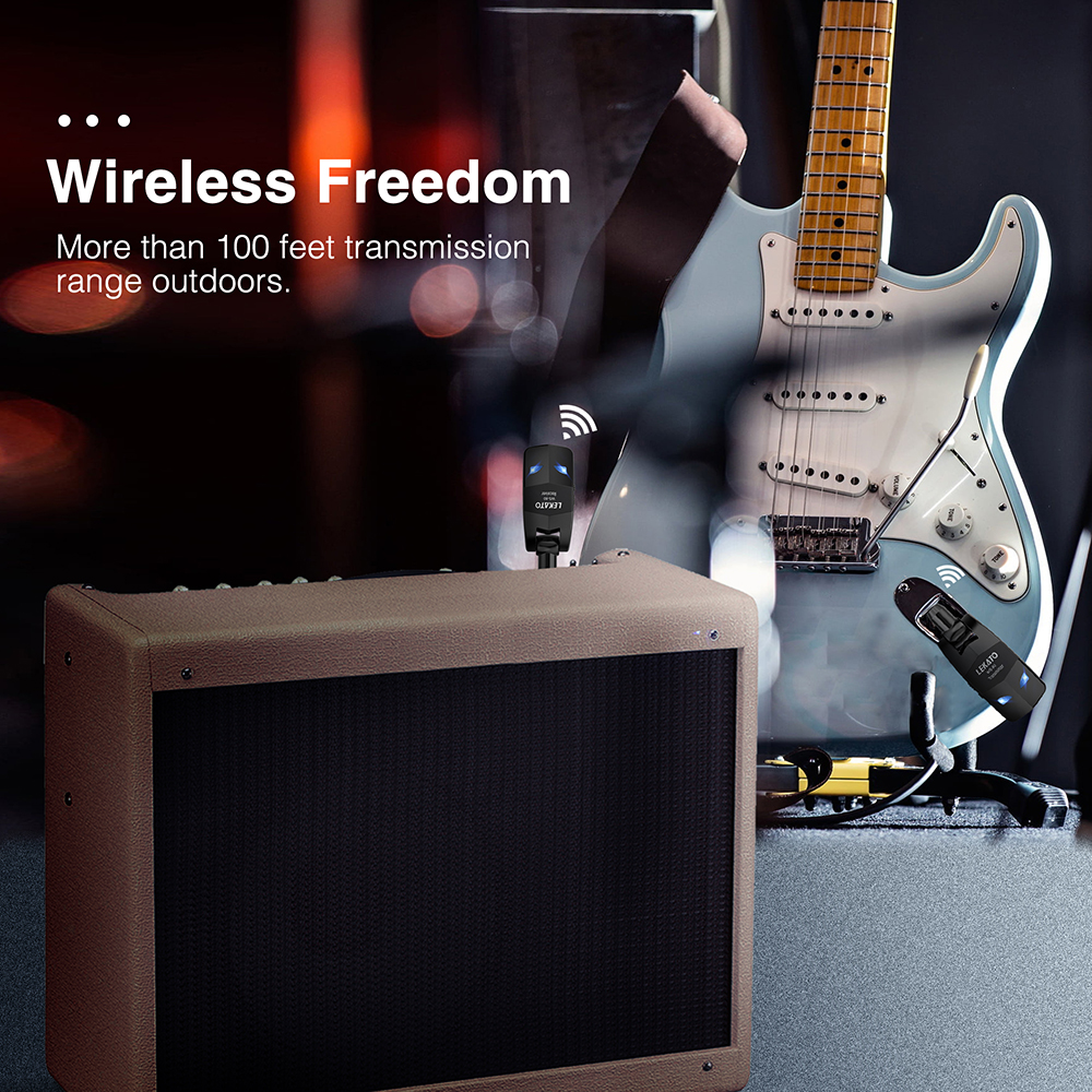 LEKATO Wireless Guitar System 2.4GHz Transmitter Receiver 100 Feet with 4 Channels Built-in Rechargeable Li-ion Battery