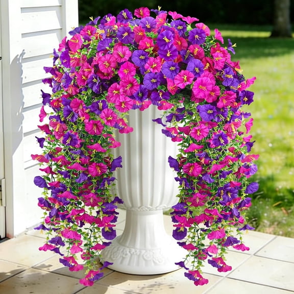 Lewondr Artificial Hanging Flowers for Outdoors Decoration, 2 Pcs No Fade Faux Silk Morning Glories for Outside Indoor Home Porch Patio Yard, UV Resistant Fake Hanging Plants, Purple-pink