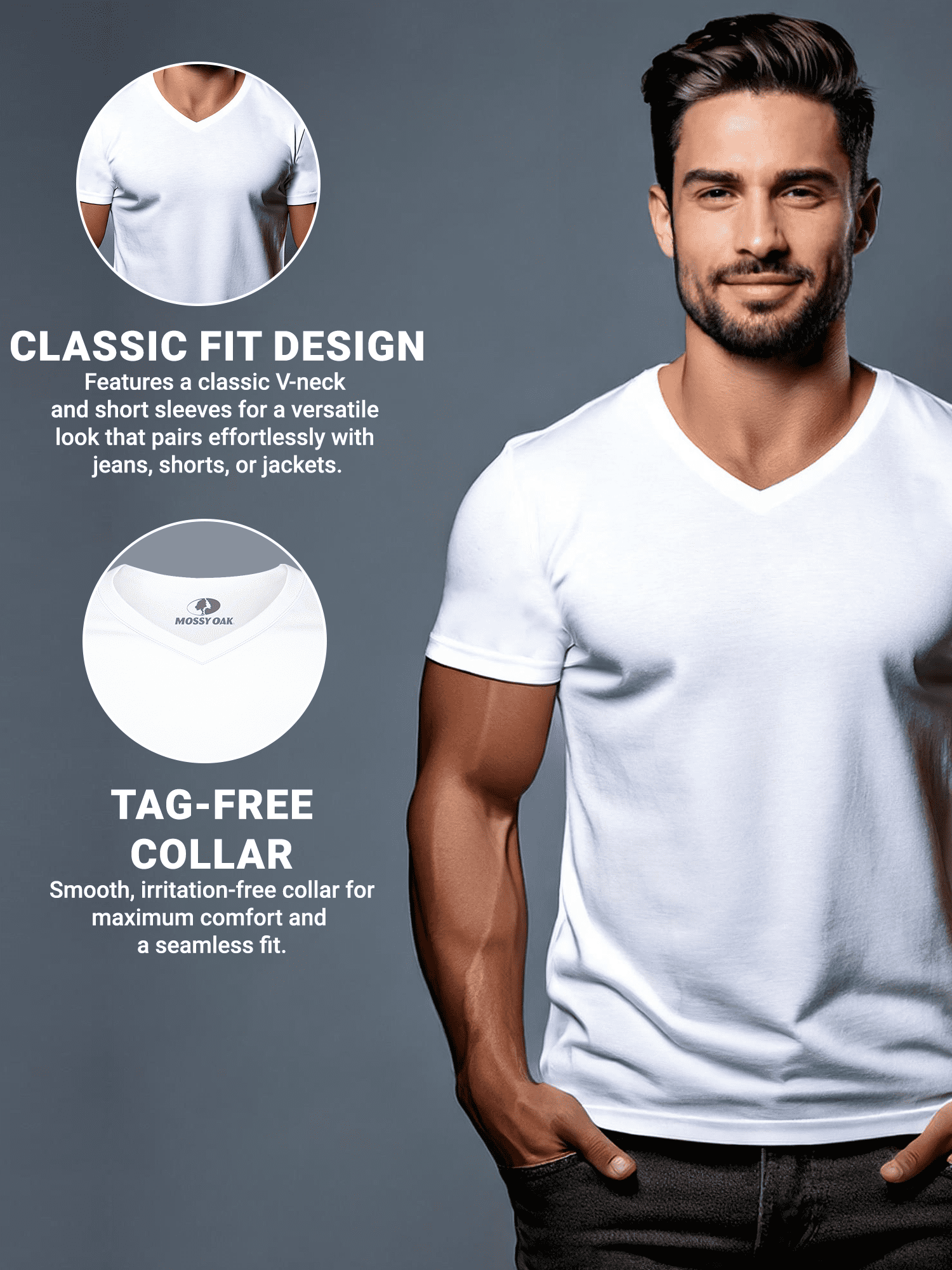 Mossy Oak Men’s Essential V Neck White Undershirt Breathable Cotton Shirt, 6-Pack