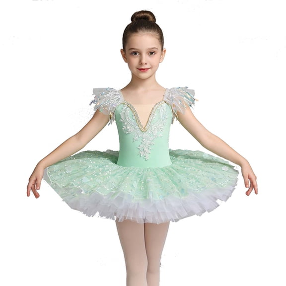 MEZZALL Dresses Girls Ballet Tutu Dance Dress For Stage Performances With Flowy Skirt And Bodice Breathable Fly Sleeve Crew Neck Solid Color Child Party Sundress