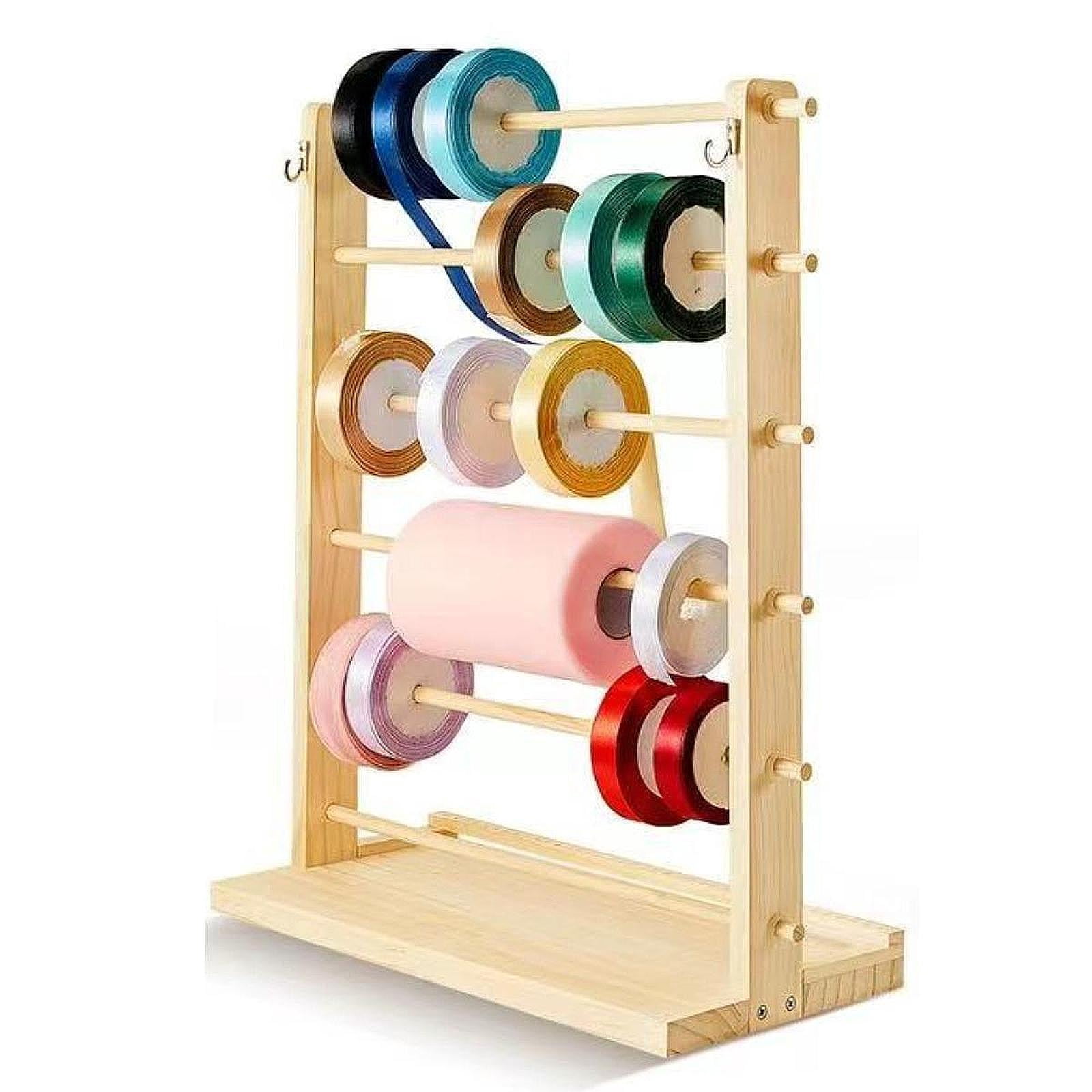 GUOOL Wood Ribbon Organizer Craft Ribbon Storage Portable Yarn Storage Shelf Tabletop 6 Tier Ribbon Rack for Craft Room Retail Shop