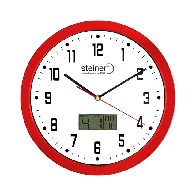 Reloj De Pared Análogo/Digital Steiner con Fechador Y Termómetro 30 cm Rojo