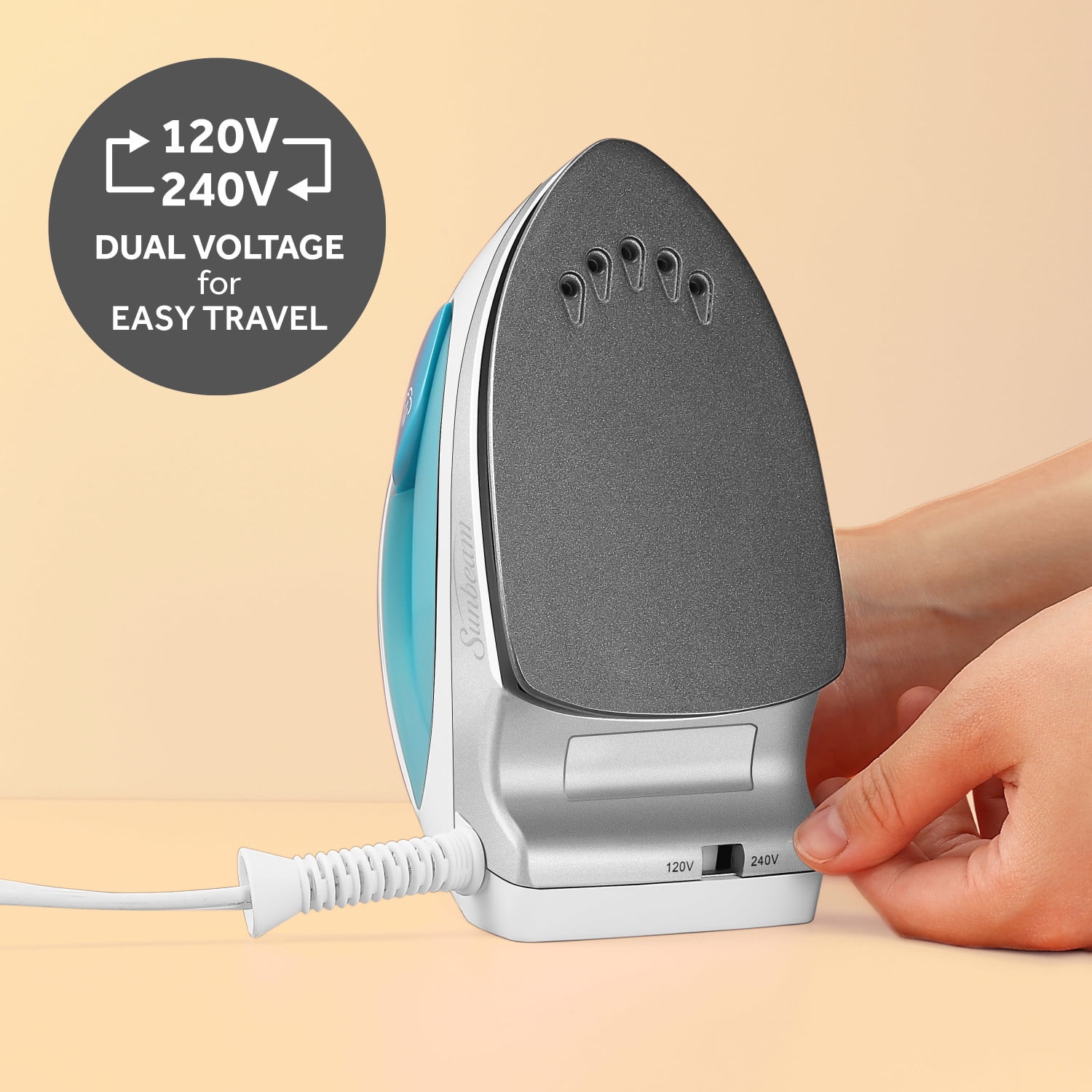 Sunbeam Travel Steam Iron, 1080 Watt Dual Voltage, Portable Non-Stick Soleplate, White-Teal