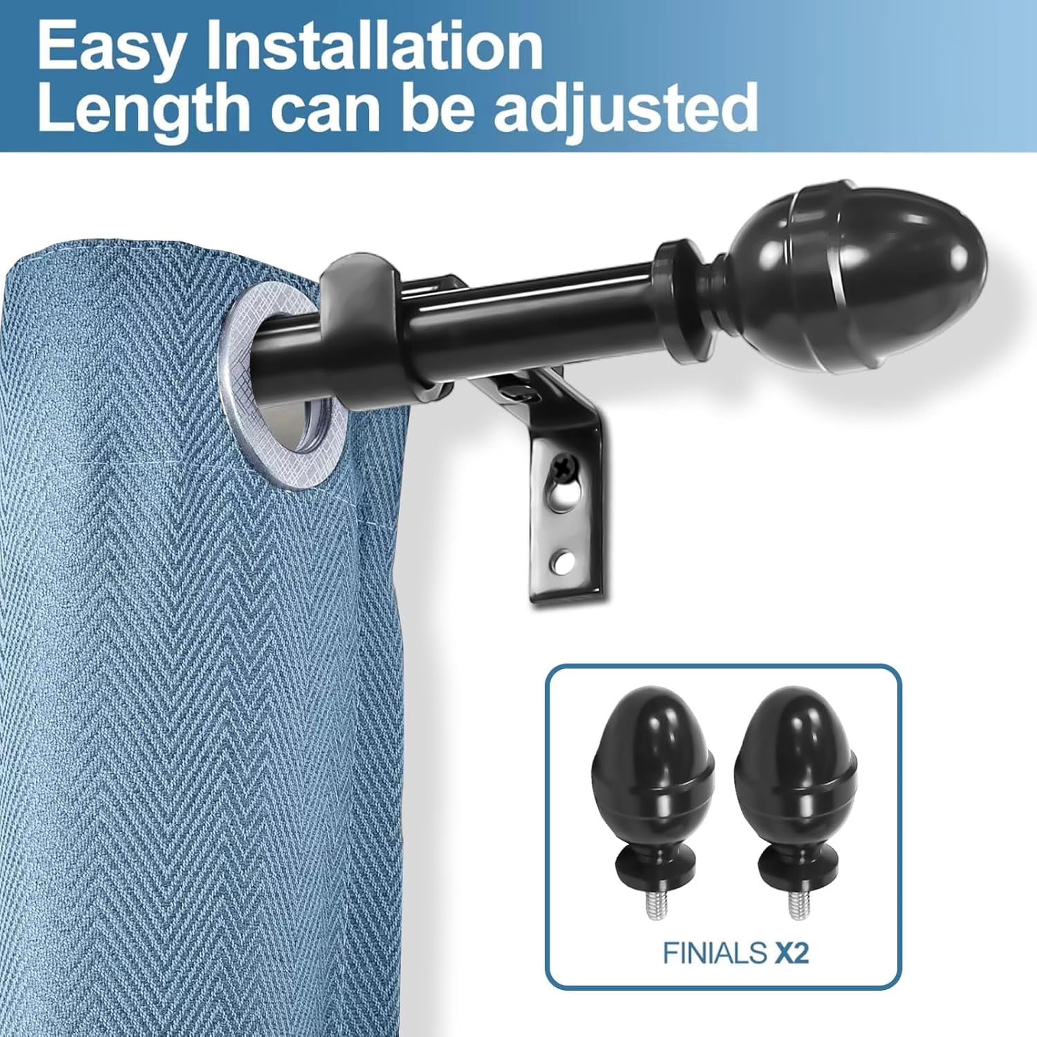 Urbanest Adjustable Single Curtain Rod Set Acorn Finials – 5/8-Inch Diameter, With Black Rod, 84–120 Inches