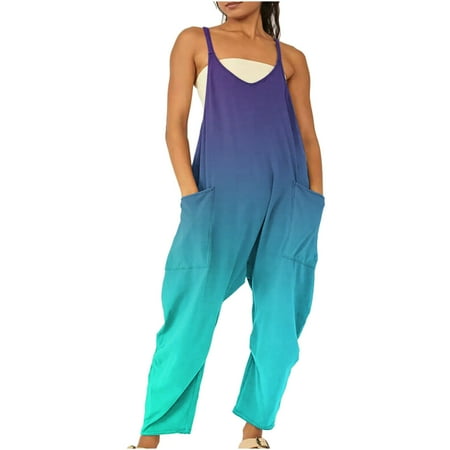 

MIANHT Jumpsuits for Women Loose Baggy Fashion Spaghetti Strap Jumpsuits Rompers with Pocket Summer Trendy Gradient Print V-Neck Sleeveless Long Overalls Light Blue s