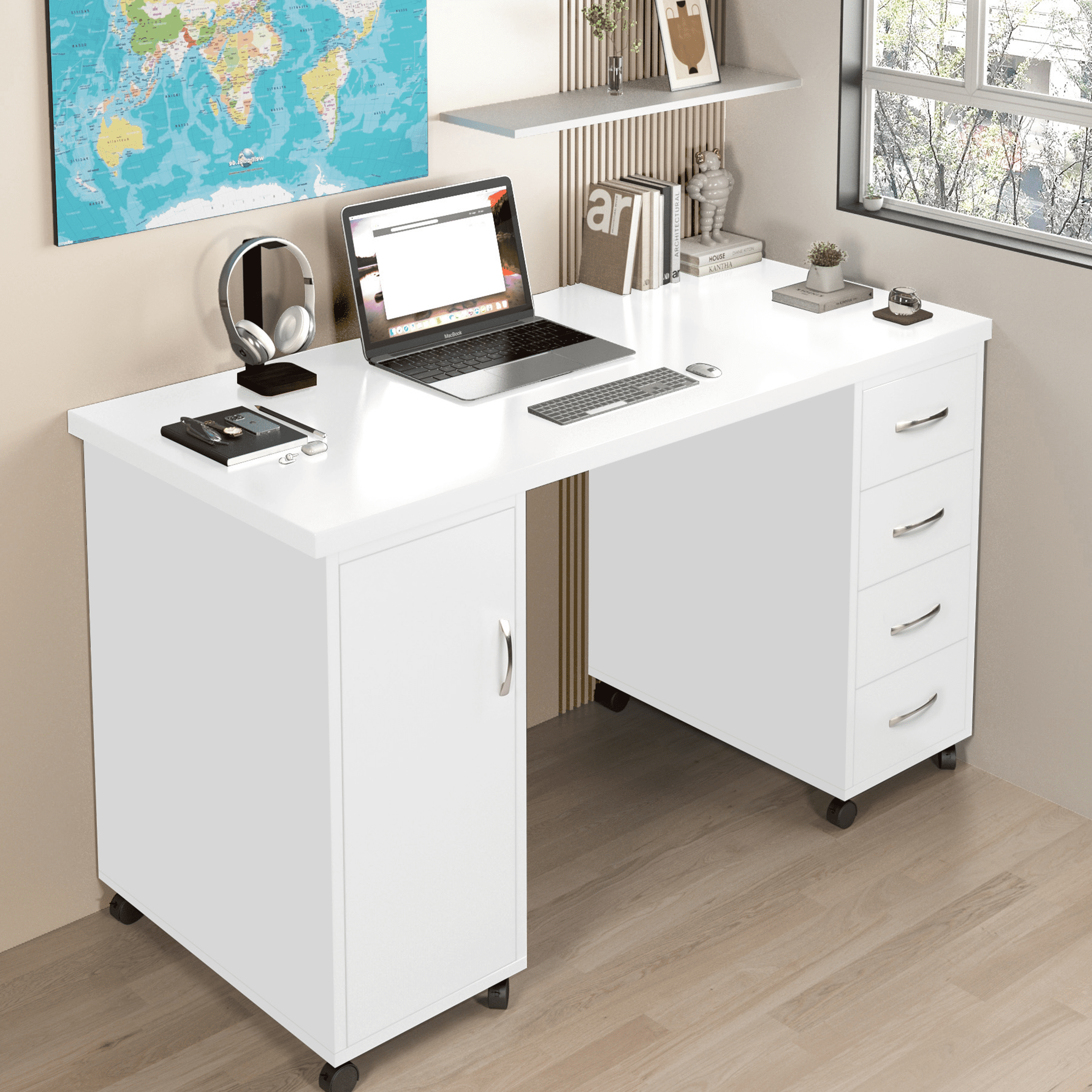 Sesslife White Computer Desk, Writing Desk with Lockable Wheels，Modern Wood Study Desk with 4 Drawers for Home Office Workstation